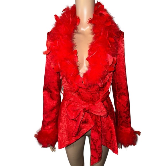 Dolls Kill Sugar Thrillz Spicy Crushes Wishes Brocade‎ Coat Red XS Feather Trim - Picture 1 of 16